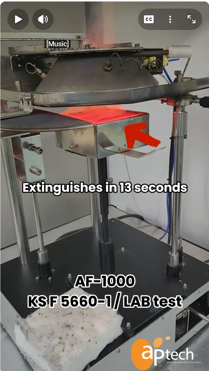 APTECH AF-1000 cone calorimeter test — flame extinguished after 13 seconds