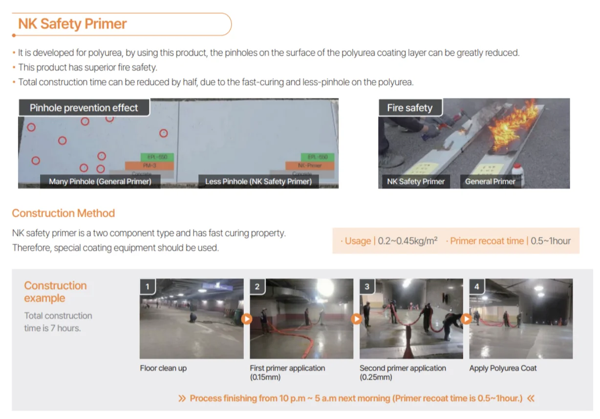 APTECH NK Safety Primer — pinhole prevention effect, fire safety comparison, construction method, and 7-hour construction example