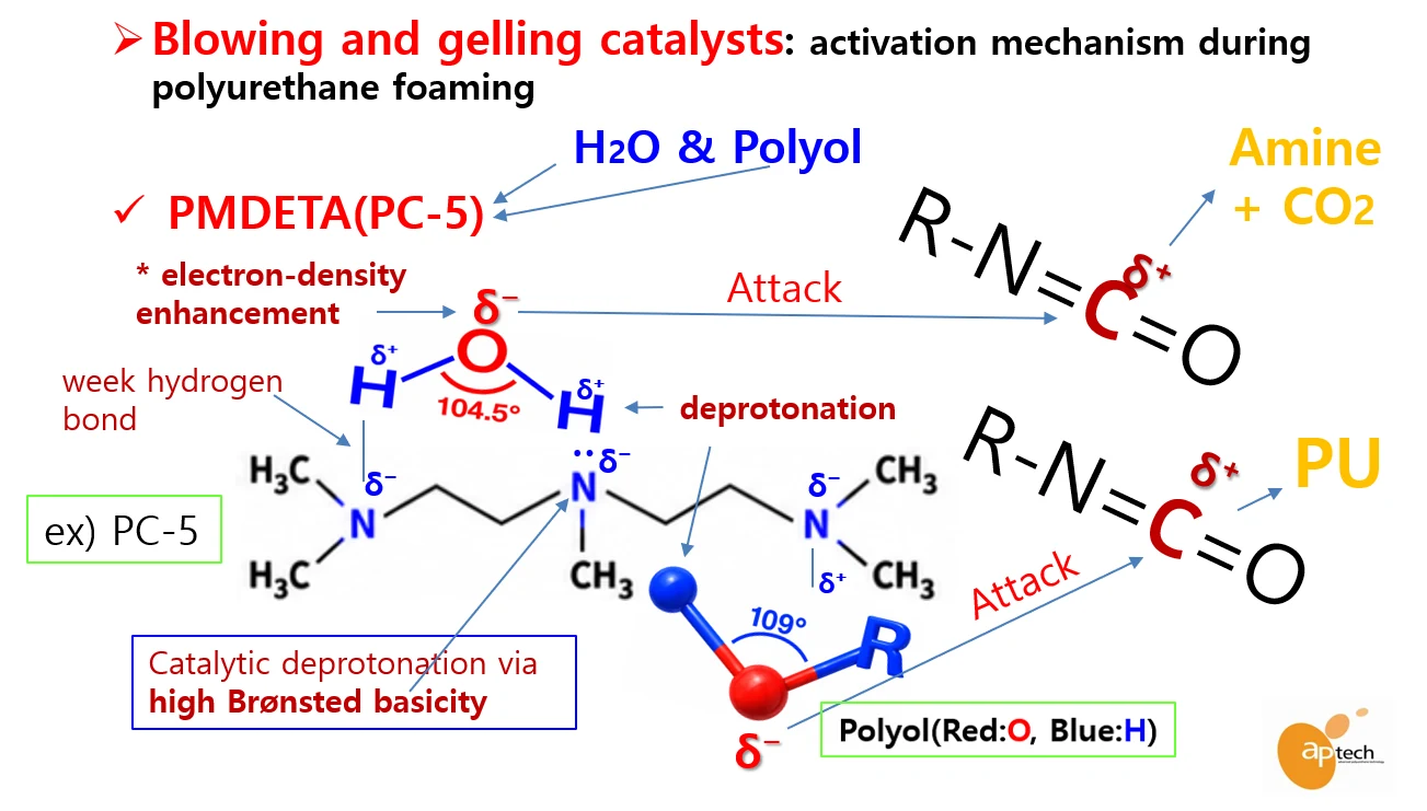 PMDETA (Polycat-5) blowing and gelling catalyst activation mechanism — structural-formula view of PU foam catalysts controlling Cream Time, Gel Time, and Demold Time