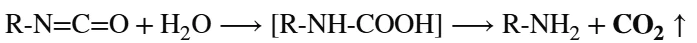 Reaction: Isocyanate plus water yields Carbamic Acid then Amine and CO2