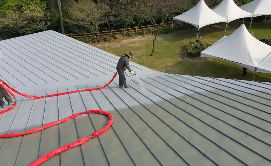 APTECH Spray Polyurea Coating System — polyurea coating product manufactured by AP Tech applied on metal roofing substrate