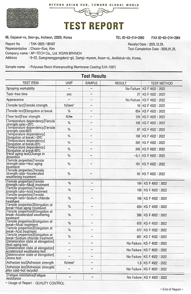 KS F 4922 test report for APTECH UA-1001 Polyurea Resin Waterproofing Membrane Coating (2026)