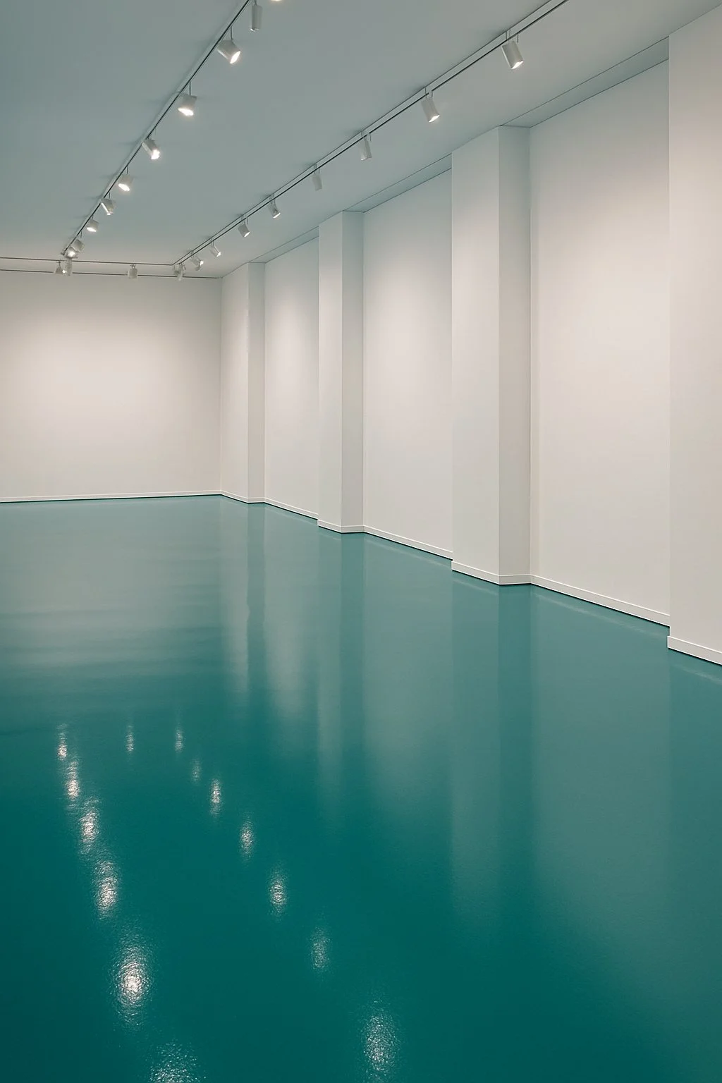 Decorative polyurea interior finish with glossy teal floor coating