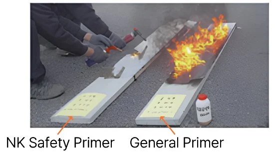 NK Safety Primer fire resistance test — NK Safety Primer resists flame while general primer burns during fire safety comparison
