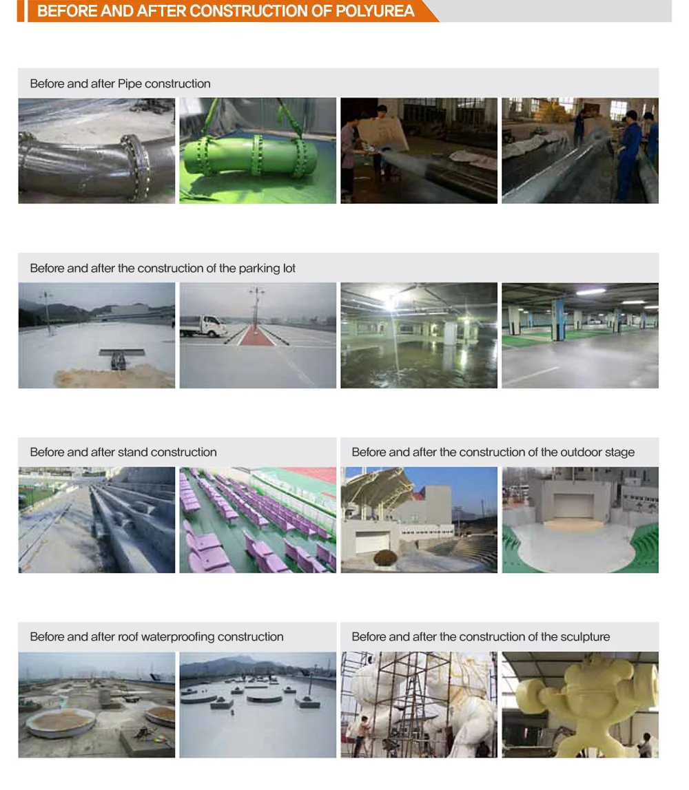 Polyurea before and after construction comparison — pipe coating, parking lot, stadium stand, outdoor stage, rooftop waterproofing, and sculpture applications